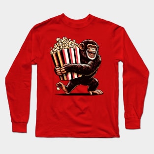 Happy chimpanzee with a packet of popcorn Long Sleeve T-Shirt